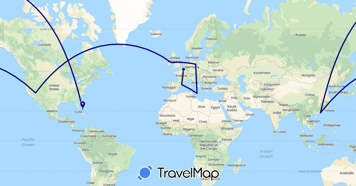 TravelMap itinerary: driving in Bahamas, Germany, Spain, France, Ireland, Macau, Malta, United States (Asia, Europe, North America)